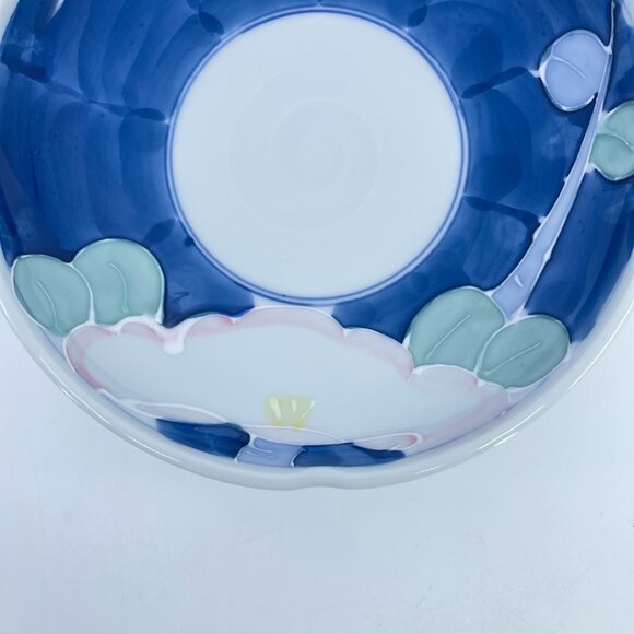 hand painted japanese pedestal bowl with floral design & blue accents - Picture 3 of 5